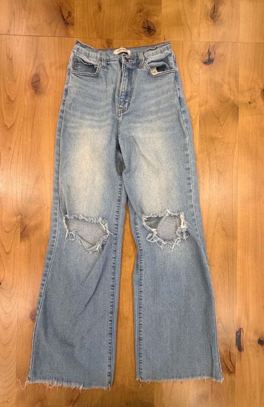 Vibrant M.I.U. High Rise Light Wash Distressed Wide Leg Jeans Size 5 (W26)